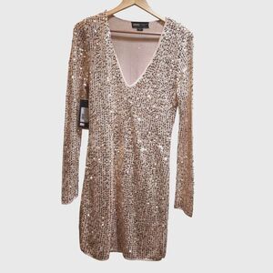 Gatsby Marciano by Guess Sequin Sweater Dress L Beige Peach Metallic Glam